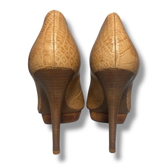 Tory Burch Women Tan Brown Croc Embossed Leather Platform Pumps Heels Size 8 M - Picture 6 of 16